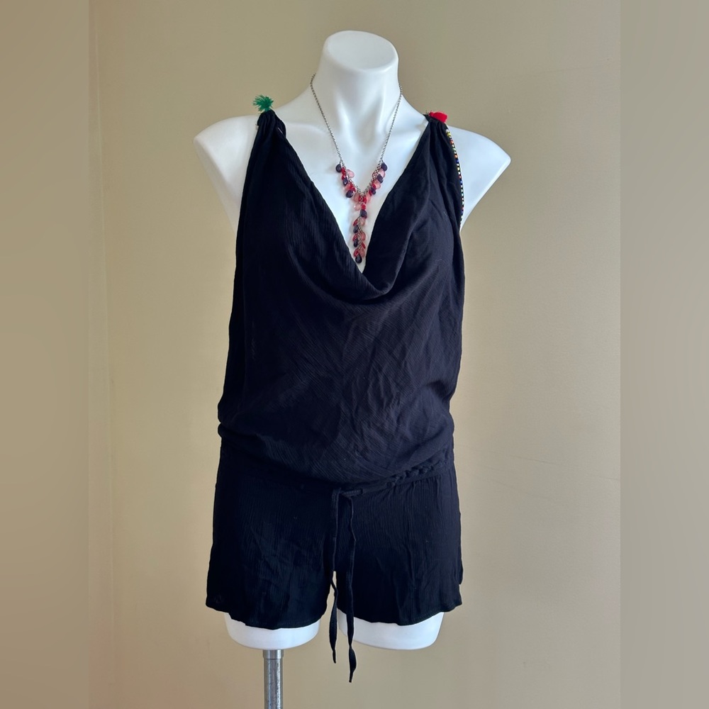 Black Swim Romper With Tassel Multi Color & Beads Trim Cover Up NWT Sz M